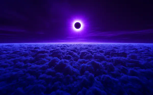 Purple phonk dark-fantasy 2K Quad HD PC desktop wallpaper: a glowing violet solar eclipse hovers above an endless luminescent cloudscape.