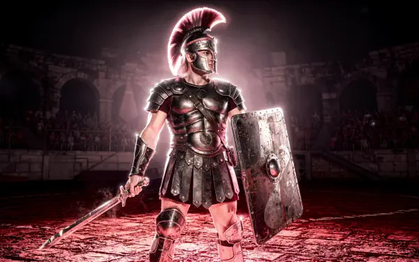 4K Ultra HD PC desktop wallpaper of a Roman gladiator in full armor, crested helmet, sword and shield standing in a glowing Colosseum arena.