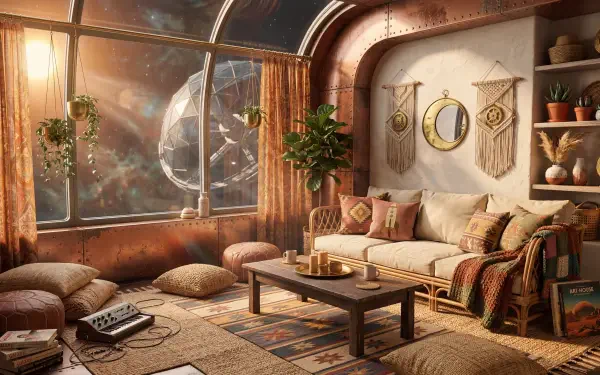 Boho interior living room with warm earth tones, layered rugs and cushions, macramé wall hangings and plants, rendered as a 5K Ultra HD PC desktop wallpaper and background.