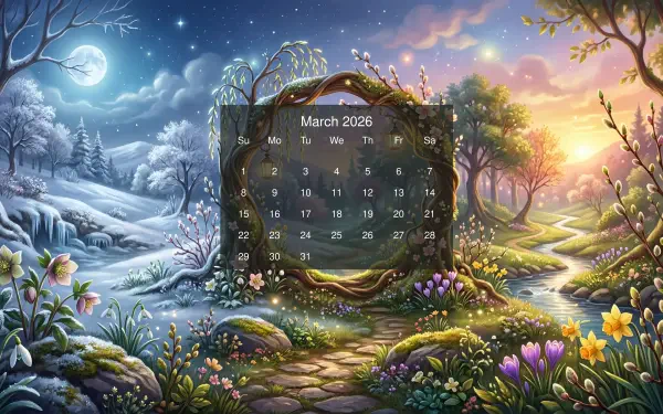 5K Ultra HD PC desktop wallpaper and background: March 2026 calendar in a vine-framed panel over a fantasy scene split between moonlit snowy woods and a sunlit, flowered spring valley.