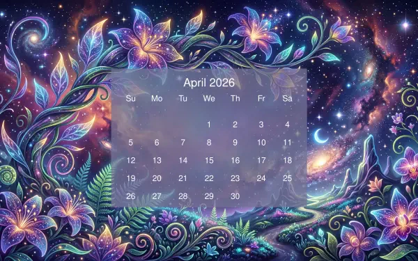 April 2026 calendar on a 5K Ultra HD PC desktop wallpaper and background, vibrant cosmic floral scene with swirling leaves, glowing flowers, stars, moon and a soft translucent calendar grid.