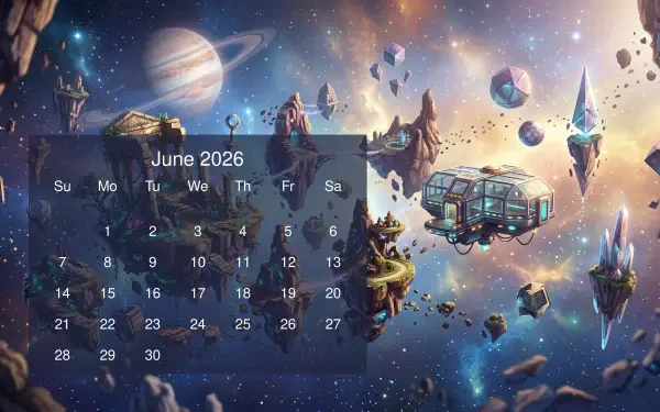 June 2026 calendar on a 5K Ultra HD PC desktop wallpaper: vibrant space vista with planets, floating asteroids and a futuristic ship amid glowing nebulae.