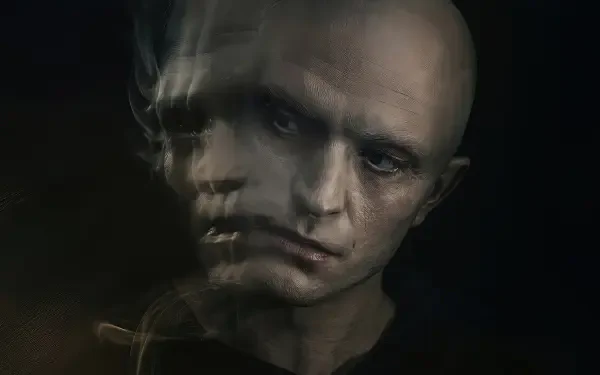 Dune: Part Three 4K Ultra HD PC desktop wallpaper and background — eerie double-exposure portrait of a bald figure with ghostly motion blur against a dark, atmospheric void.