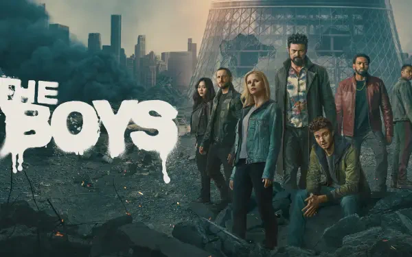 The Boys (2019) 4K Ultra HD PC desktop wallpaper: series cast standing amid rubble and smoke in a ruined city, the show's dripping white logo on the left.
