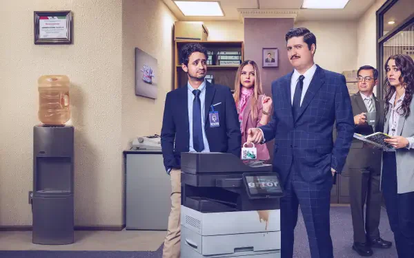 La Oficina, 4K Ultra HD PC desktop wallpaper showing several office workers in business attire gathered around a photocopier in a fluorescent-lit office corridor.