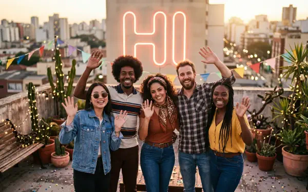 Hi — 5K Ultra HD PC desktop wallpaper and background: five friends on a rooftop at sunset waving before a glowing neon HI sign, city skyline and string lights.