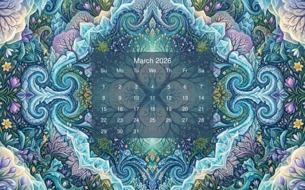 March 2026 calendar centered on an ornate blue-green floral mandala — 5K Ultra HD PC desktop wallpaper and background showing a translucent month grid with dates.