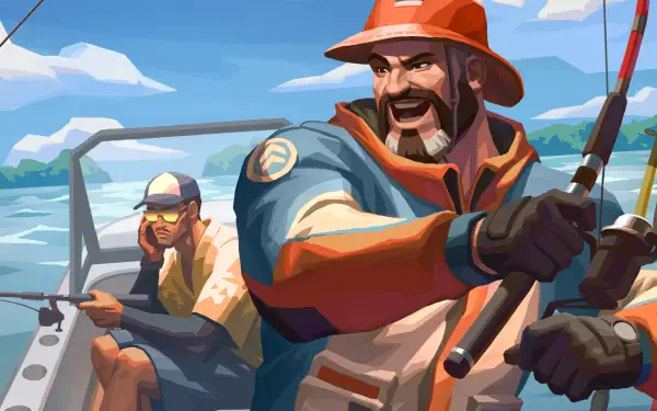 HD PC desktop wallpaper of Valorant's Brimstone and Tejo fishing from a boat, stylized coastal background, bold colors and cinematic composition.