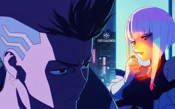 5K Ultra HD PC desktop wallpaper from Cyberpunk: Edgerunners showing David's shadowed profile and Lucy, an anime girl smoking by a neon-lit window.