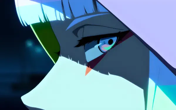 Close-up of Lucy from Cyberpunk: Edgerunners — neon-lit anime girl eye and icy stare-down, framed in shadow and color, stylized 4K Ultra HD PC desktop wallpaper.
