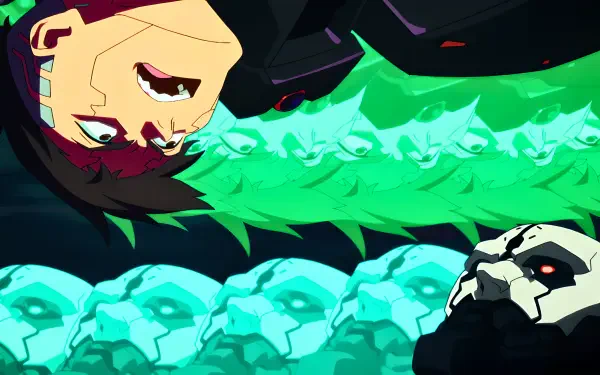 4K Ultra HD PC wallpaper — Cyberpunk: Edgerunners: David faces Adam Smasher amid neon Sandevistan bursts and a field of glowing green skulls, embodying duality