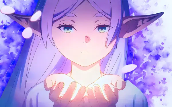 4K Ultra HD watercolor desktop wallpaper of Frieren (Frieren: Beyond Journey's End): an elf anime girl cupping glowing magic, long silver hair against a soft purple-blue wash.
