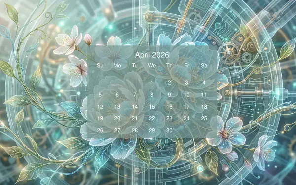 April 2026 calendar overlaid on a teal floral and circuit-like motif with glowing gears — 5K Ultra HD PC desktop wallpaper and background.