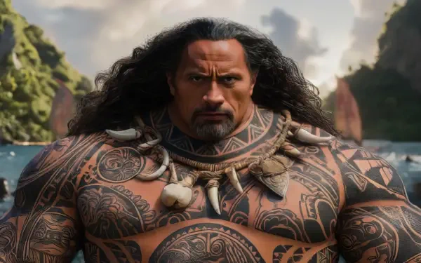 HD desktop wallpaper of Maui from the live-action Moana movie — muscular, tattooed demigod with long hair and shell necklace standing against tropical cliffs and blue ocean.
