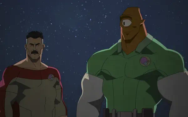 Invincible TV wallpaper: Omni-Man and Allen the Alien stand under a starry night, bold 4K Ultra HD PC desktop background.