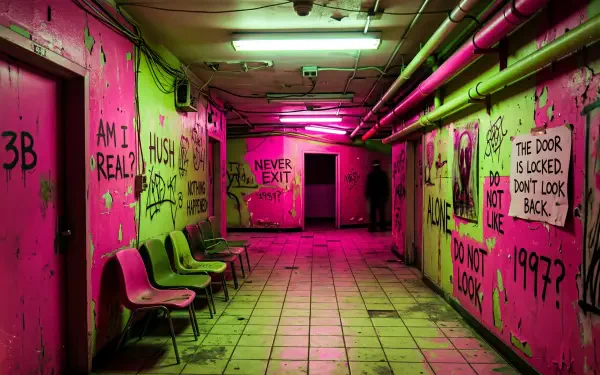 Weirdcore 5K Ultra HD PC Desktop Wallpaper and Background — neon pink and green underground corridor with pipes, empty chairs and graffiti reading Never exit and Am I real?.
