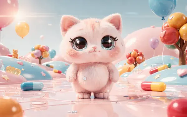 Cute and fluffy pink kitten with oversized sparkling eyes in a pastel candyland of balloons and candy hills — 4K Ultra HD PC desktop wallpaper and background.