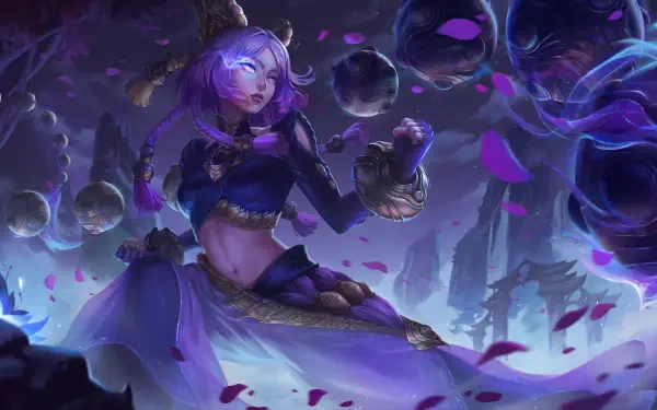 Yunara (League of Legends, MOBA) drifts among purple petals and floating orbs, ethereal magic swirling in a 4K Ultra HD PC desktop wallpaper and background.
