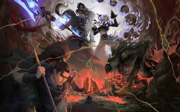 League of Legends 4K PC desktop wallpaper: Yunara and Xin Zhao clash amid swirling magic, shattered terrain and lava beneath a looming draconic shadow.