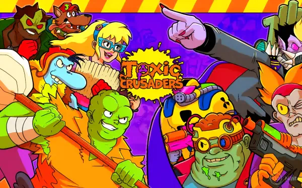 HD PC desktop wallpaper for the video game Toxic Crusaders: neon, comic-style mutant heroes and villains encircle the Toxic Crusaders logo on a vivid purple and orange background.