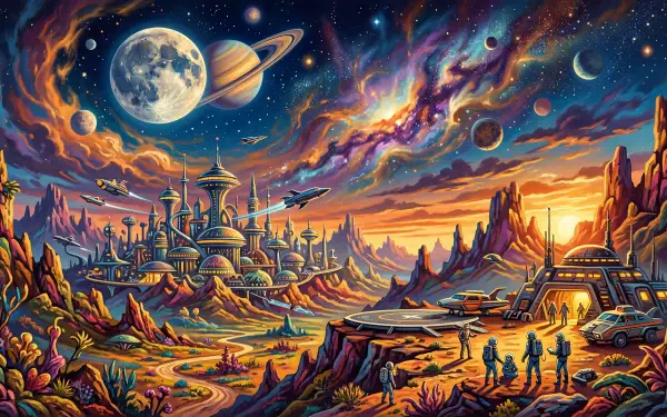 5K Ultra HD PC desktop wallpaper and background: vibrant alien sunset cityscape with domed metropolis, astronauts, spacecraft, ringed planet and swirling nebula sky.