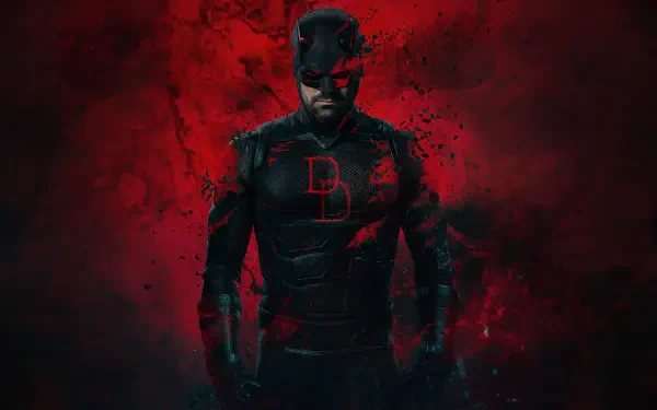 Daredevil: Born Again — brooding Daredevil in a black-red suit with DD emblem against a splattered crimson backdrop; 5K Ultra HD PC desktop wallpaper and background