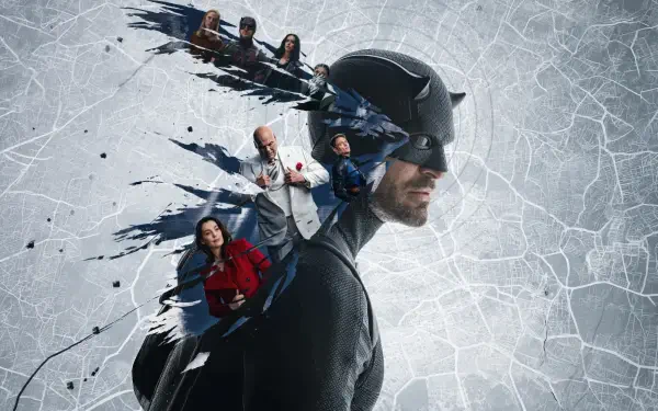 Daredevil: Born Again 5K Ultra HD PC desktop wallpaper — profile of Daredevil in a helmet against a shattered-glass backdrop with key characters trailing into the fractures.