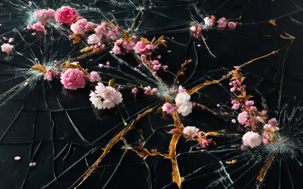 2K Quad HD PC desktop wallpaper: aesthetic composition of pink flowers on shattered glass, gold veins running through a broken-screen effect on a dark background.