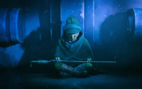 Star Wars: Maul – Shadow Lord TV show 2K Quad HD desktop wallpaper: hooded figure kneels in a blue-lit industrial room, gripping a long staff amid shadowy pipes and mist.