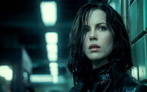 Close-up of Selene from Underworld: rain-darkened vampire hunter in black leather, moody blue-lit corridor — 5K Ultra HD horror movie desktop wallpaper.