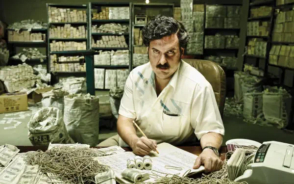 HD PC desktop wallpaper: stern mustached man at a desk amid stacks of cash and bundled packages in a dim warehouse, cinematic 1980s Colombian cartel aesthetic.