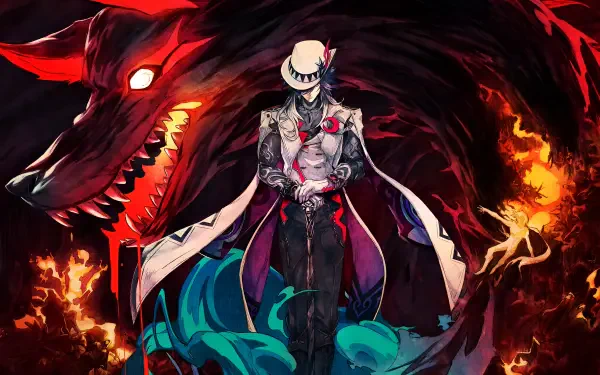 HD PC desktop wallpaper of Ashveil (Honkai: Star Rail) from the video game: a masked, pale figure in a dark coat stands before a roaring, fiery wolf spirit amid swirling teal and crimson energy.