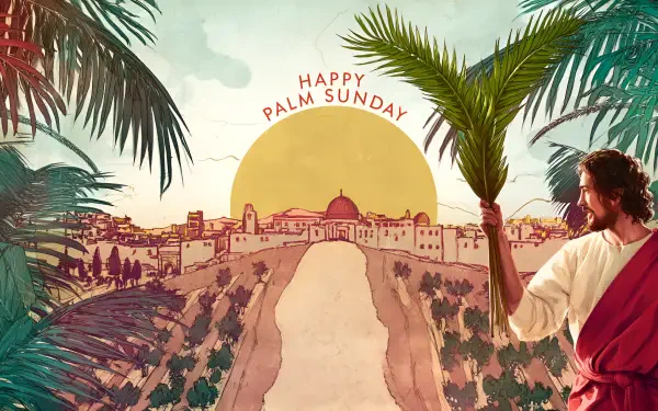 2K Quad HD PC wallpaper: religious Palm Sunday scene — Jesus holding a palm branch, overlooking Jerusalem at sunrise with Happy Palm Sunday above the city.