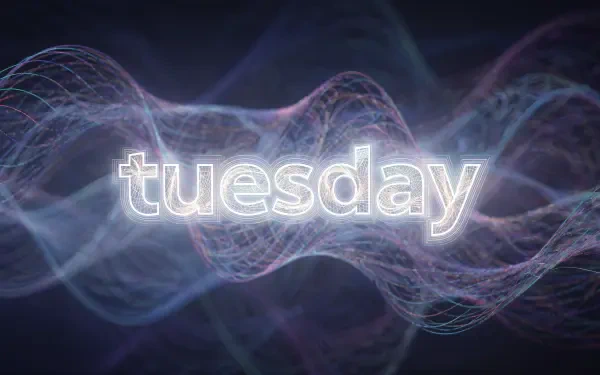 4K Ultra HD PC desktop wallpaper showing glowing tuesday text amid flowing neon waveforms on a dark background.