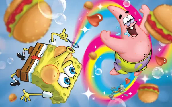 5K Ultra HD PC wallpaper from the TV show SpongeBob SquarePants featuring SpongeBob and Patrick Star joyfully soaring through a rainbow amid bubbles and floating Krabby Patties.