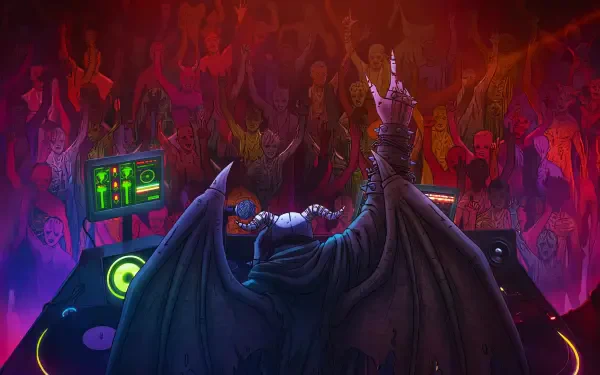 Dorohedoro anime monster DJ with batlike wings spinning records amid a fiery hell club, vivid 5K Ultra HD PC desktop wallpaper/background.