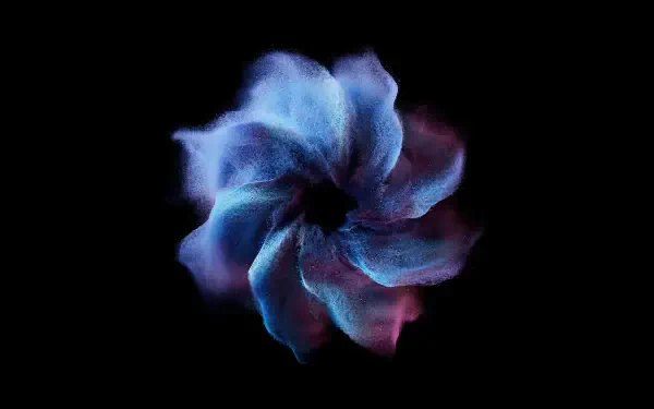 Xiaomi OLED 8K Ultra HD desktop wallpaper: black background with a luminous blue-pink particle swirl forming a delicate, flower-like vortex.