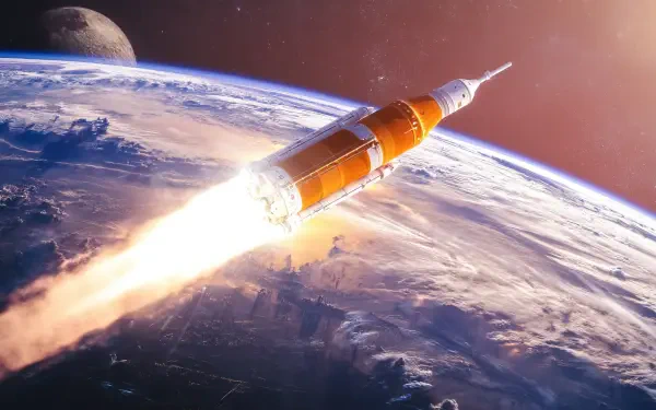 2K Quad HD PC desktop wallpaper: NASA Artemis II rocket blazing over Earth from space, Moon visible on the horizon.