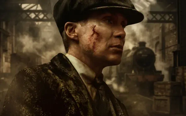 Peaky Blinders: The Immortal Man — scarred, flat-capped man in dark coat in a smoky industrial trainyard; 2K Quad HD PC desktop wallpaper/background.