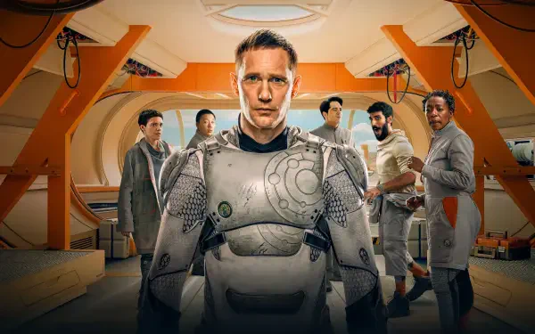 Murderbot 4K Ultra HD PC desktop wallpaper and background: armored cyborg stands center, flanked by five crew members inside an orange-lit futuristic spaceship bay.