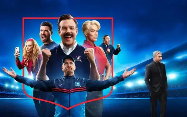 Ted Lasso 4K Ultra HD PC desktop wallpaper and background featuring the show's ensemble in triumphant poses on a glowing blue stadium field.