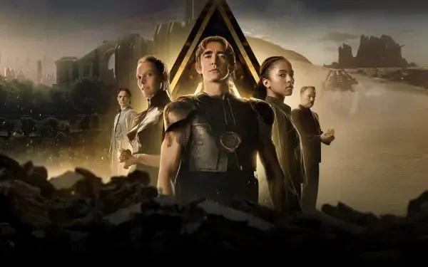 4K Ultra HD PC desktop wallpaper: five characters from Foundation in futuristic armor stand before a glowing triangular emblem and a ruined cityscape beneath a moody sky.