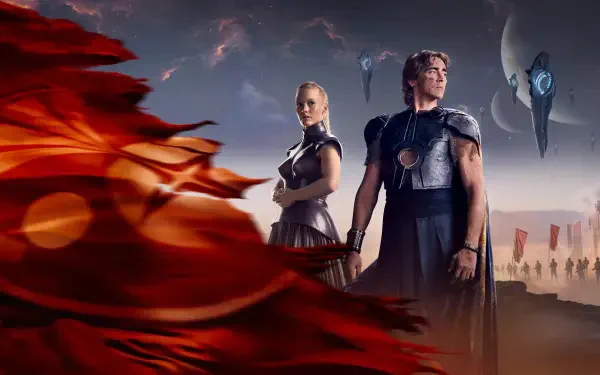 Foundation 4K Ultra HD PC desktop wallpaper: two armored figures stand behind a billowing red banner, with hovering alien ships and a moonlit skyline over a desert city.