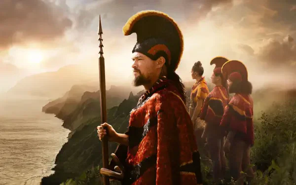 Chief of War: a stoic chief in a red cloak holding a spear as guards stand on a coastal cliff at sunrise — 4K Ultra HD PC Desktop Wallpaper and Background.