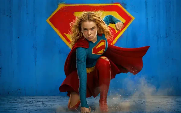 Supergirl (2026) crouching with cape billowing and S emblem glowing against a textured blue backdrop — 4K Ultra HD PC desktop wallpaper/background.