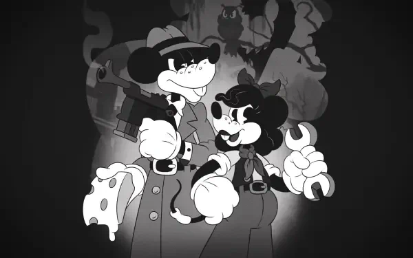 Black-and-white 4K Ultra HD PC desktop wallpaper from the video game Mouse: P.I. For Hire, depicting two cartoon detective mice in trench coats and a fedora against a shadowy cityscape background.