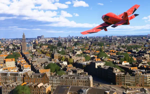 2K Quad HD PC desktop wallpaper: red sport plane over a detailed European cityscape in the video game Microsoft Flight Simulator 2024.