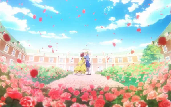 Anime HD PC desktop wallpaper: Bertia Ibil Noches and Cecil Glo Alphasta from An Observation Log of My Fiancée Who Calls Herself a Villainess embrace amid roses in a sunlit courtyard.