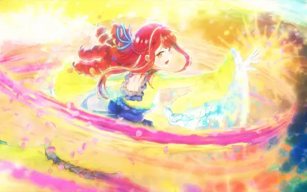 Vivid HD PC desktop wallpaper and background: anime scene of Bertia Ibil Noches from An Observation Log of My Fiancée Who Calls Herself a Villainess, swirling in colorful, glowing magical light.