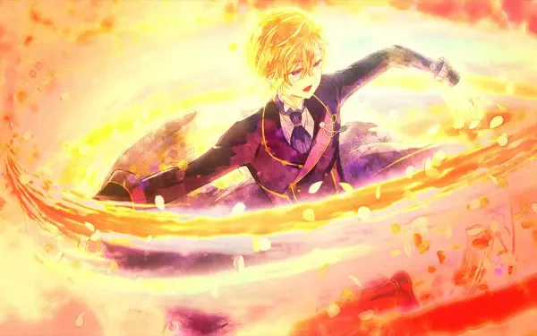 HD anime desktop wallpaper of Cecil Glo Alphasta from An Observation Log of My Fiancée Who Calls Herself a Villainess — golden-haired in a purple uniform surrounded by swirling flames
